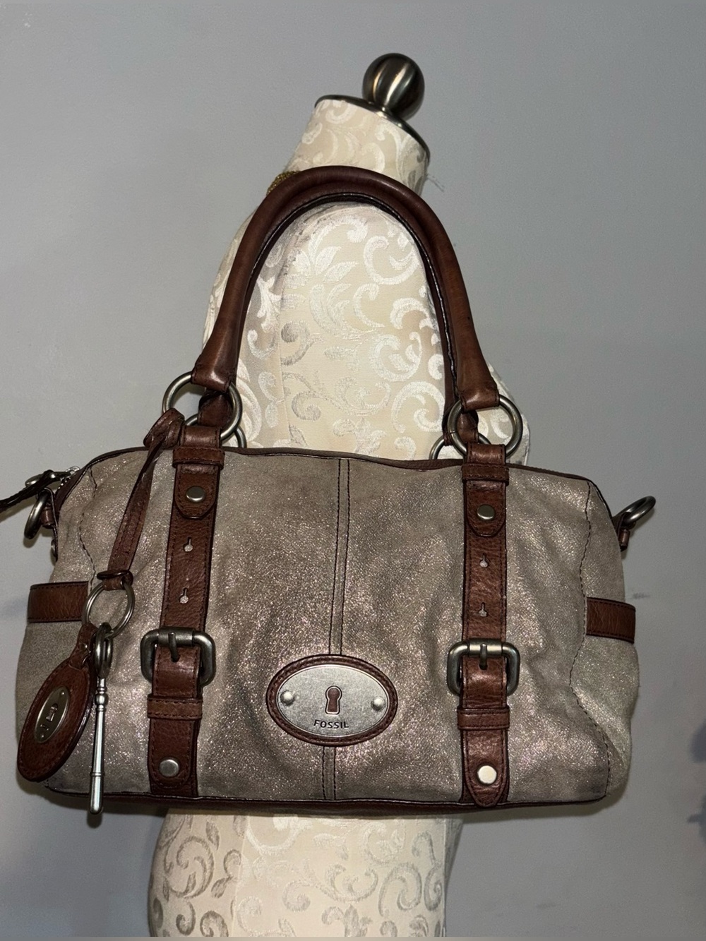 Fossil Metallic Taupe and Brown Satchel Handbag-Preloved
